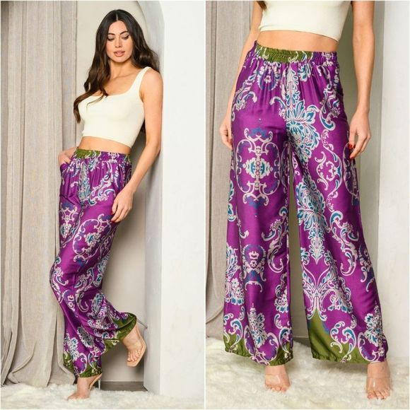 LAST 💜 NEW Silk Multiprint Wide Leg Pants - Picture 2 of 6